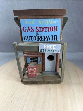 Vintage Wooden Gas Station Birdhouse Rustic Auto Repair Shop Folk Art Garden